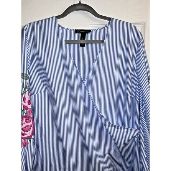 I.N.C. Blue Thin Stripes Embroidered Sleeves Belted Side Zipper Blouse Sz XL - Picture 5 of 14